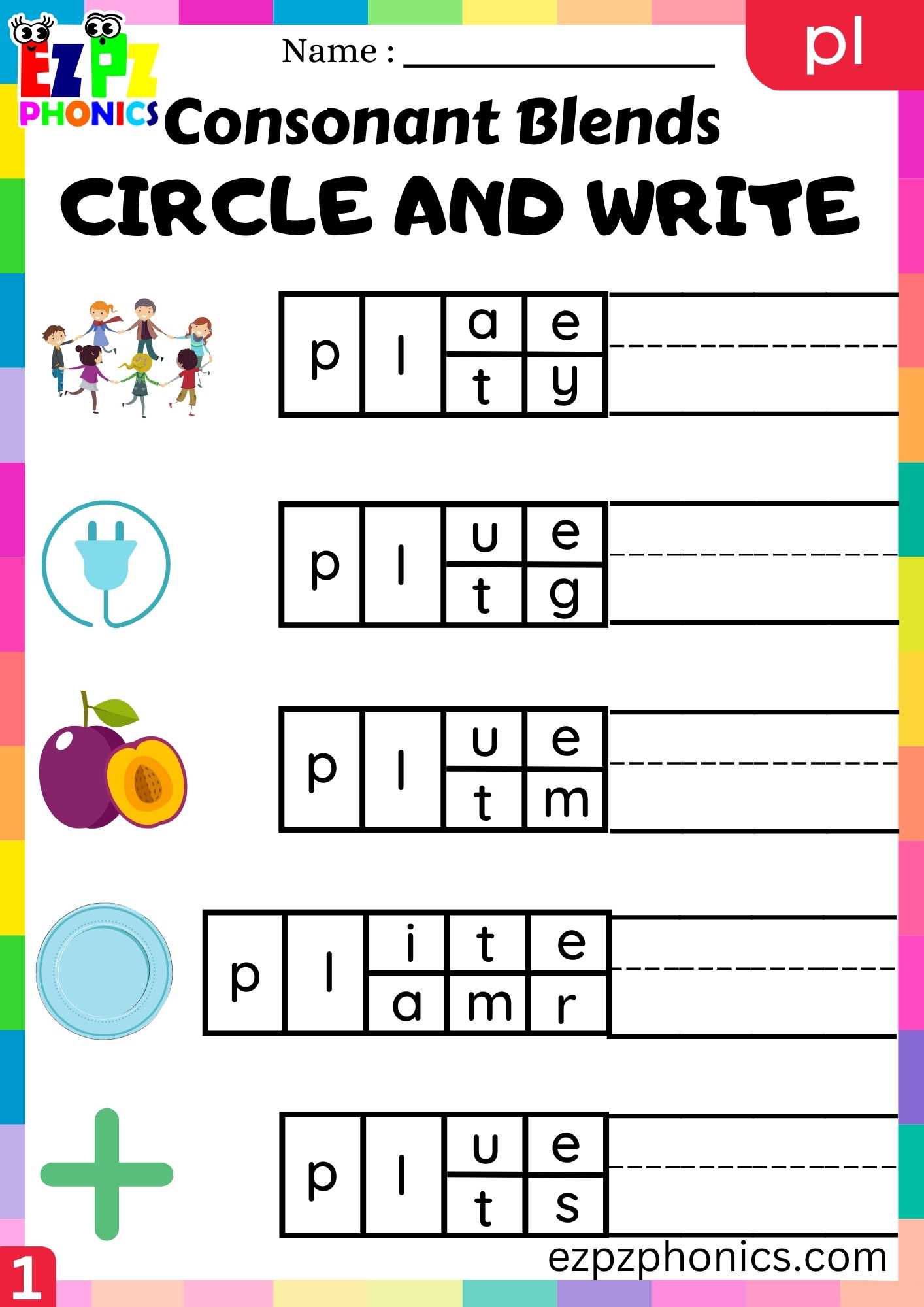 Group1 PL Words Circle And Write Phonics Consonant Blends Worksheet